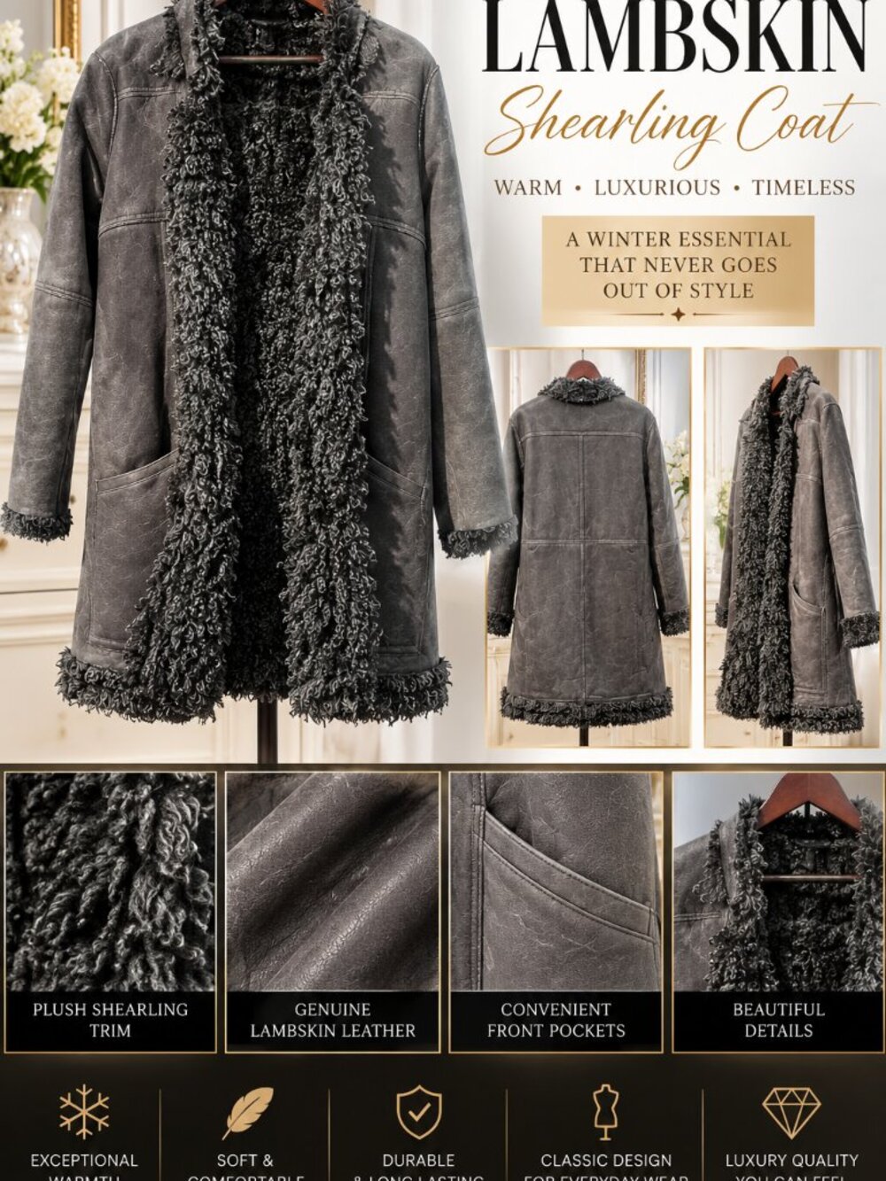 Genuine Lambskin Shearling Coat Black  Quiet Luxury Winter Jacket S Excellent